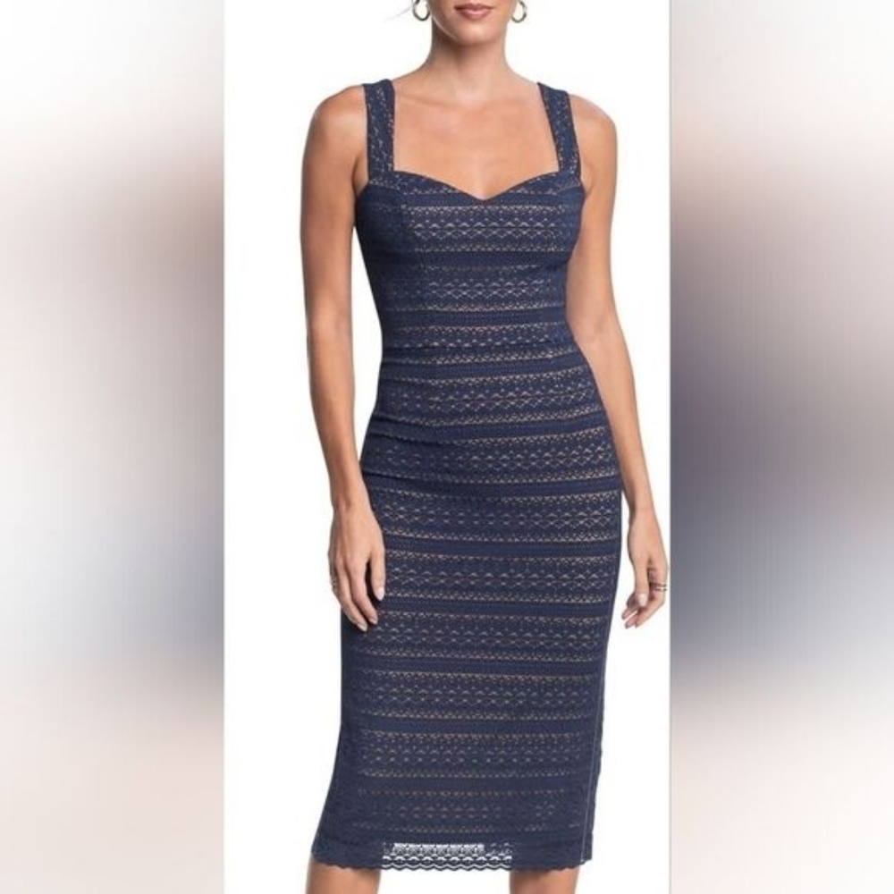 Dress the Population Nicole Lace Sheath Bodycon Midi Dress Navy Blue X-Small XS